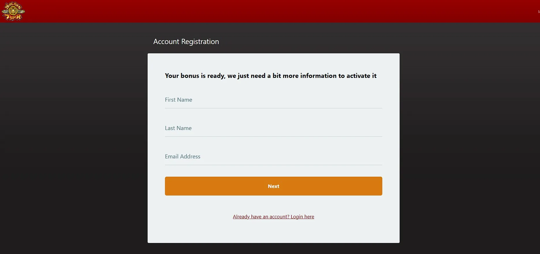 Golden Tiger Casino Quebec account registration screen